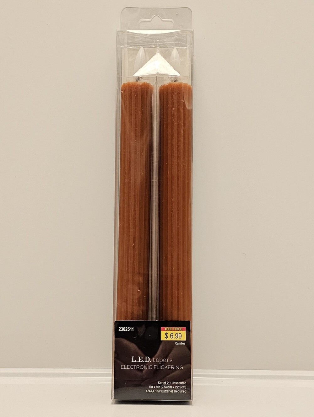 Set of 2 Rust Orange 9" LED Flickering Wax Taper Candles